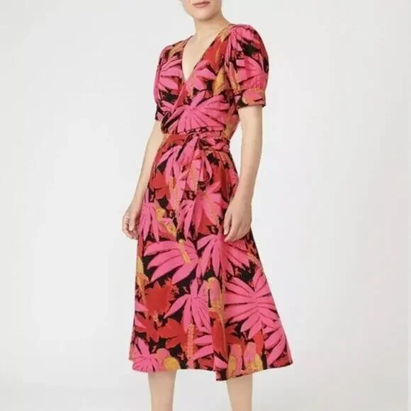 NWT J. Crew Tropical Palm Print Faux Tie Wrap Midi Dress V Neck Zip Up 6 Pink - Picture 13 of 16